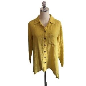 California Threads Shirt Women's Size Small Yellow Button Up Long Sleeve Linen